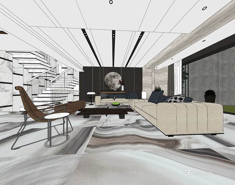 Modern Living Dining Room Interior Design With Sofa Coffee Table Abstract Rug And Moon Decor 3d model 