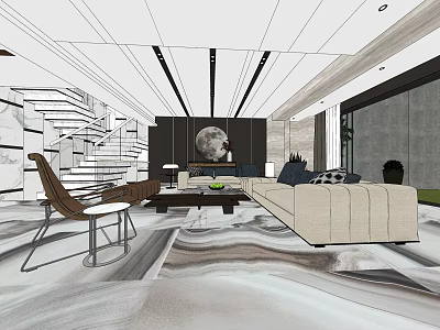 Modern Living Dining Room Interior Design With Sofa Coffee Table Abstract Rug And Moon Decor 3d model