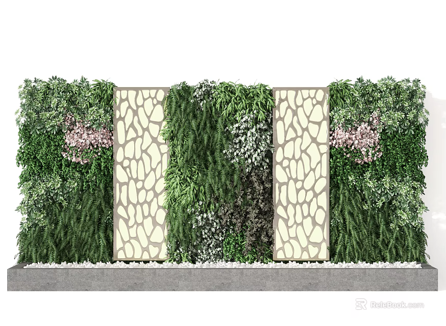 Lush Green Plant Wall with Decorative Perforated Panels and Pink Flowers 3d model 