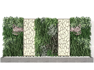 Lush Green Plant Wall with Decorative Perforated Panels and Pink Flowers 3d model
