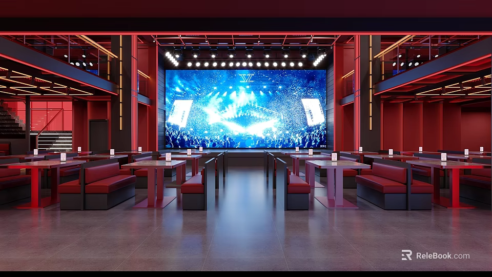 Modern Bar Interior With Large LED Screen Red Decor Seating And Bright Lighting 3d model