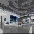 Modern Exhibition Hall Interior With Spiral Staircase White Column And Starry Sky Ceiling