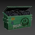 Green Household Trash Bin With Open Lid Black Garbage Bags And Boom Graffiti Smiley Face