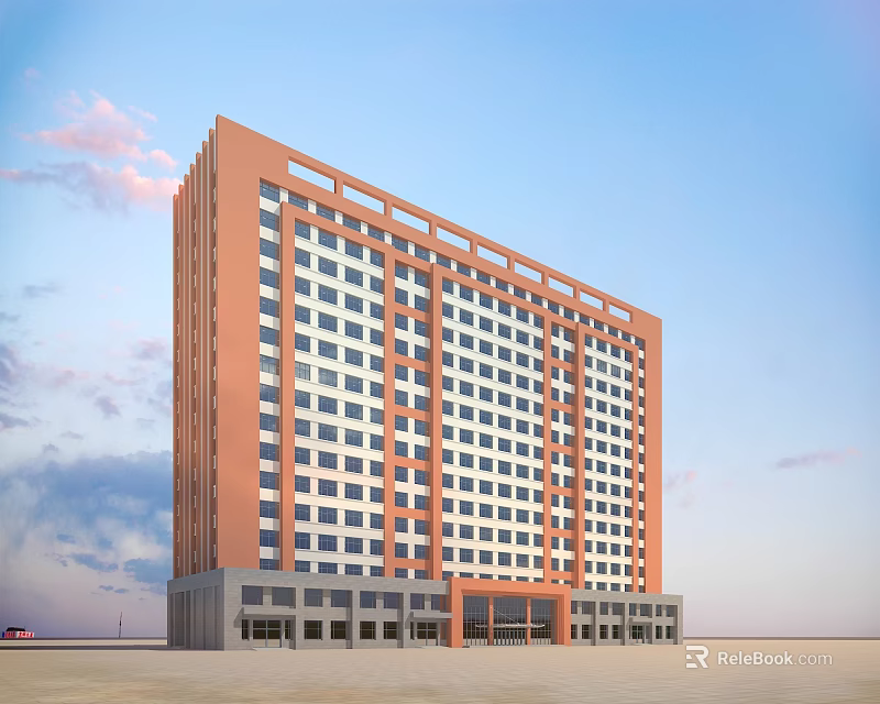 Modern Multi Story School Building With Orange Exterior Numerous Windows Gray Base And Blue Sky 3d model 