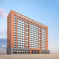 Modern Multi Story School Building With Orange Exterior Numerous Windows Gray Base And Blue Sky