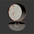Squirrel Investigating Rusty Metal Can With Red Rust And Open Lid On Dark Background