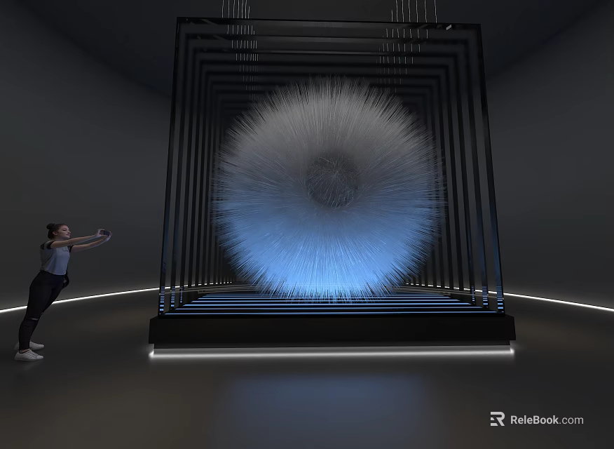 Interactive Art Installation With Spherical White Fiber Structure And Metal Frame 3d model 