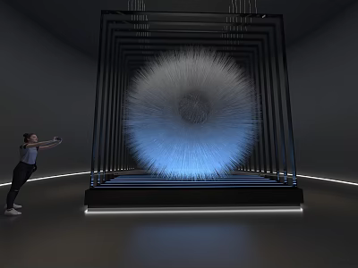 Interactive Art Installation With Spherical White Fiber Structure And Metal Frame 3d model