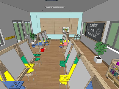 School Art Classroom With Easels Colorful Chairs Blackboard Plants And Wooden Floor 3d model