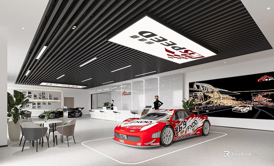 Red Racing Car In Modern Showroom With Reception Desk And Illuminated Ceiling Sign 3d model 