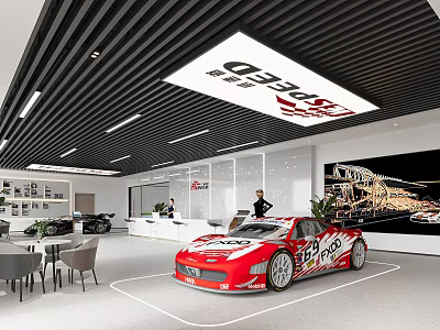 Red Racing Car In Modern Showroom With Reception Desk And Illuminated Ceiling Sign 3d model