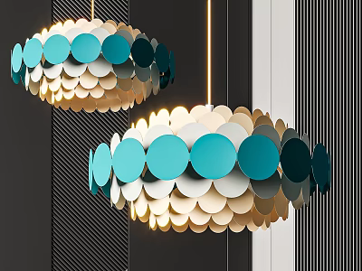 Modern Layered Chandelier Design With Blue White Black Circular Scalloped Discs 3d model