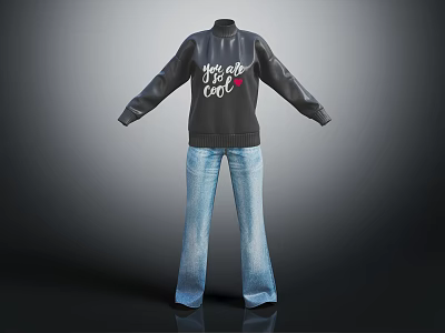 Black Turtleneck Sweater Leather Sleeves With Colorful You Are So Cool Print Blue Flared Jeans 3d model