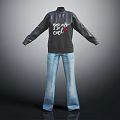 Black Turtleneck Sweater Leather Sleeves With Colorful You Are So Cool Print Blue Flared Jeans