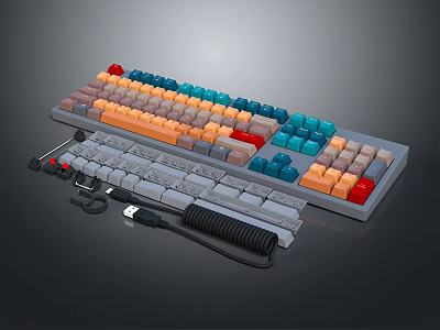 Premium Mechanical Keyboard With Colorful Keycaps Coiled Cable And Accessories 3d model