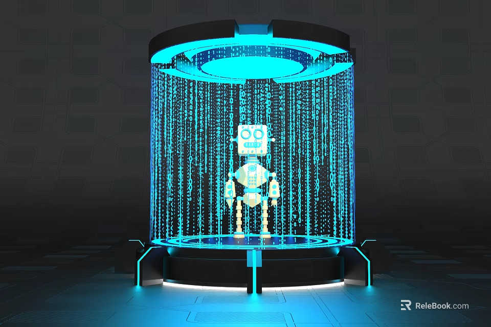 Cartoon Scene with Futuristic Cartoon Robot Surrounded by Glowing Blue Data Streams on Circular Platform 3d model 