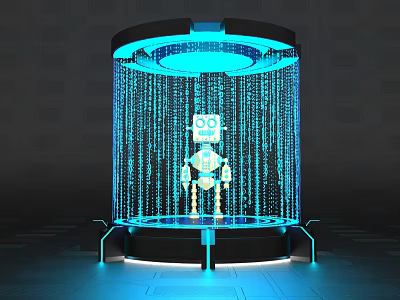 Cartoon Scene with Futuristic Cartoon Robot Surrounded by Glowing Blue Data Streams on Circular Platform 3d model