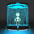 Cartoon Scene with Futuristic Cartoon Robot Surrounded by Glowing Blue Data Streams on Circular Platform