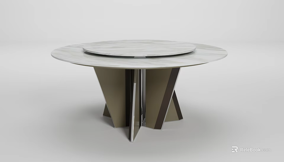 Modern Round Dining Table With White Marble Tabletop And Geometric Metal Base 3d model