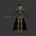 Game Movie Character In Brown Gold Mechanical Armor With Blue Glowing Elements And Dual Swords