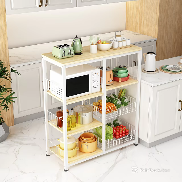 Kitchen Storage Shelf with Microwave Spices Dishes Fruits Vegetables in Modern Kitchen with White Cabinets 3d model 