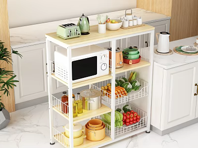 Kitchen Storage Shelf with Microwave Spices Dishes Fruits Vegetables in Modern Kitchen with White Cabinets 3d model
