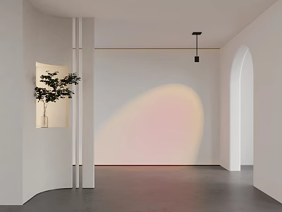 Minimalist Interior Design With Curved Walls Hanging Plant And Soft Light Projection 3d model