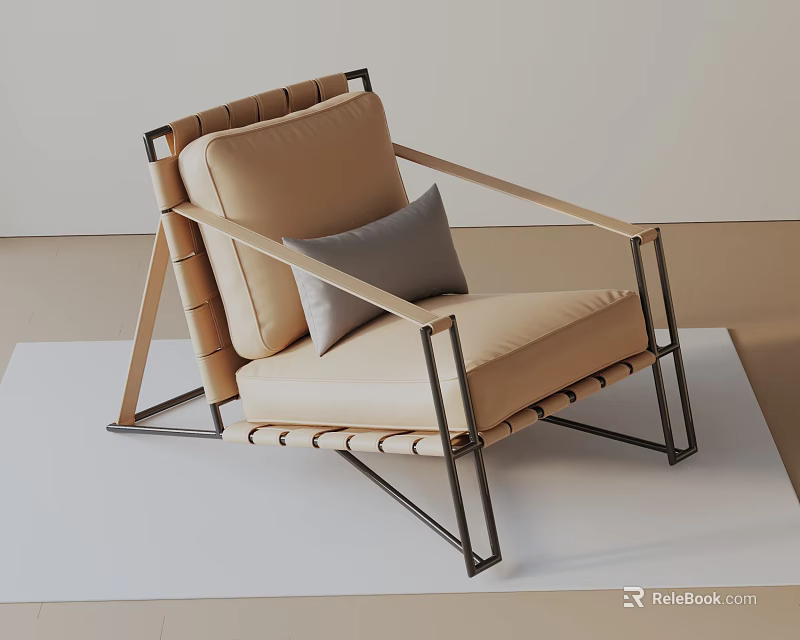 Modern Minimalist Beige Accent Chair With Gray Pillow Metal Frame Woven Details on White Mat 3d model 