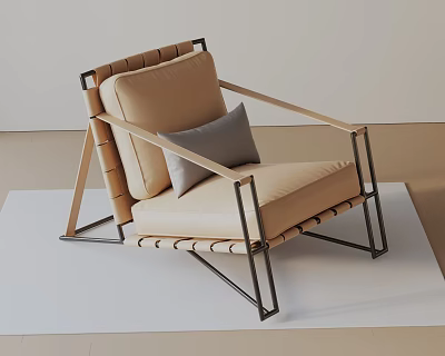 Modern Minimalist Beige Accent Chair With Gray Pillow Metal Frame Woven Details on White Mat 3d model