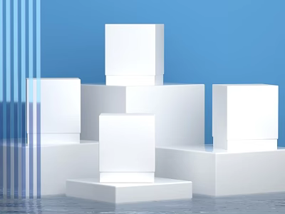 Ecommerce Product Display With White Pedestal Stands And Blue Background 3d model