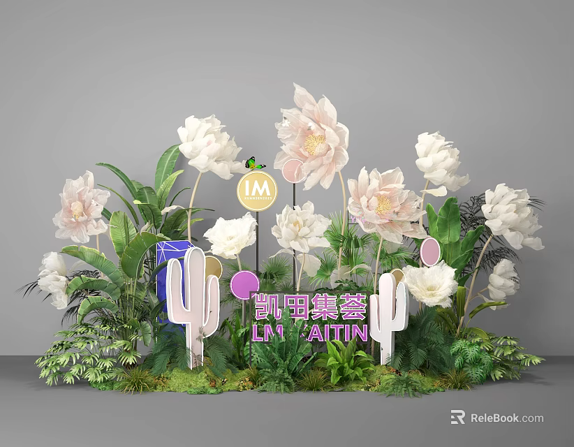 Floral Art Installation With Large White Pink Flowers Green Plants And Themed Signage 3d model 