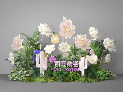 Floral Art Installation With Large White Pink Flowers Green Plants And Themed Signage 3d model