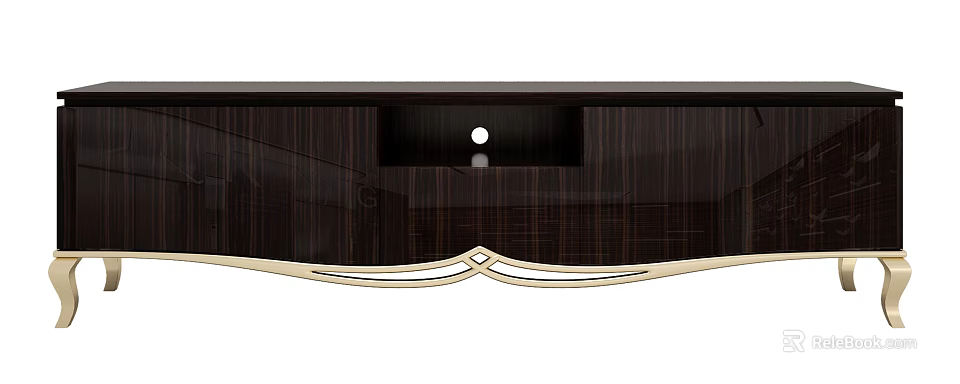 Modern Dark Wood Grain TV Stand with Glossy Finish and Gold Curved Accents 3d model 