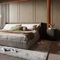 Modern Bedroom Interior With Large Window City View Wooden Wall Paneling Gray Bed And Armchair