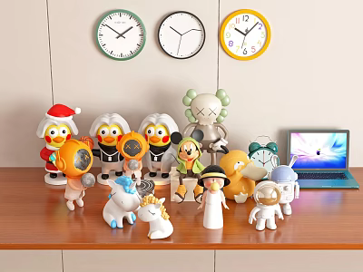 Colorful Stuffed Toys Including Christmas Duck Kaws Unicorn Astronaut On Wooden Table With Clocks Laptop 3d model