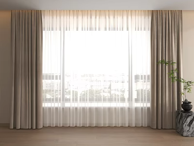 Beige Curtains With White Sheer Layer For Large Indoor Window And Green Plant On Stone Table 3d model