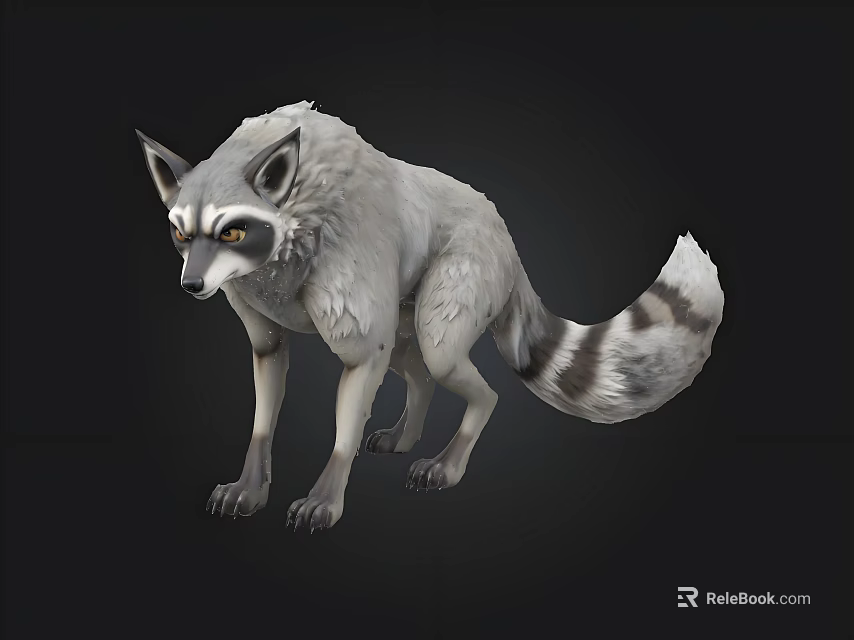 Realistic Gray Raccoon With Striped Tail Standing On Dark Background 3d model 