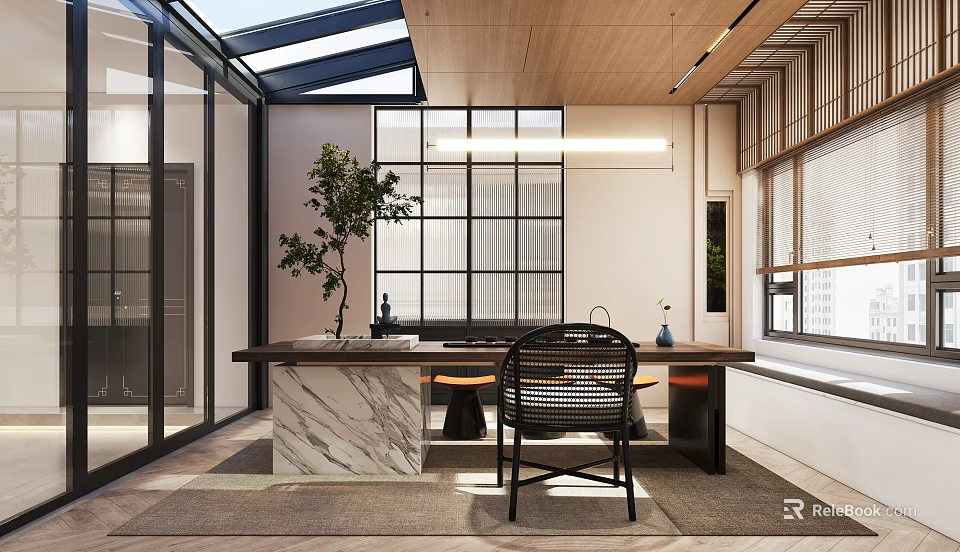 Modern Indoor Living Space With Marble Counter Table Rattan Chair And Potted Plant 3d model 