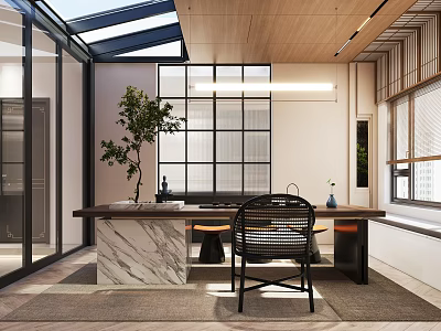 Modern Indoor Living Space With Marble Counter Table Rattan Chair And Potted Plant 3d model