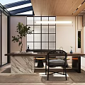 Modern Indoor Living Space With Marble Counter Table Rattan Chair And Potted Plant
