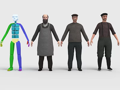 3D Character Models Featuring Skeleton And Various Outfits Like Apron Sweater And Suspenders 3d model