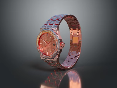 Rose Gold Diamond Encrusted Watch With Sparkling Strap And Orange Dial 3d model