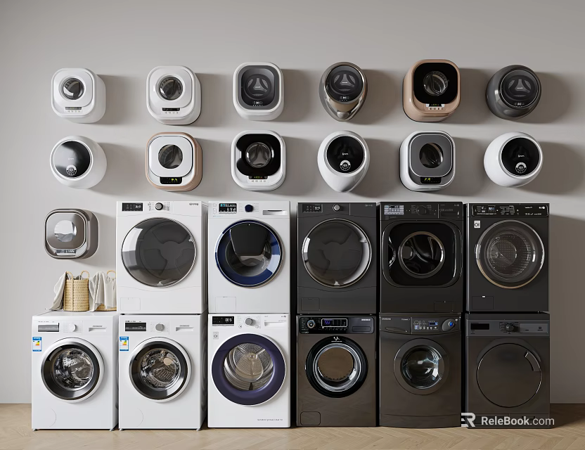 Assortment Of Wall Mounted And Freestanding Washing Machines In Various Designs And Colors 3d model 