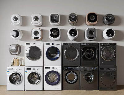 Assortment Of Wall Mounted And Freestanding Washing Machines In Various Designs And Colors 3d model