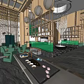 Elegant Hotel Lobby With Wooden Structure Hanging Chandeliers Green Chairs And Marble Floor