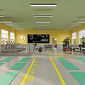 Modern Fitness Gym Interior Featuring Yellow Walls Gray Floor Green Exercise Steps And Fitness Equipment
