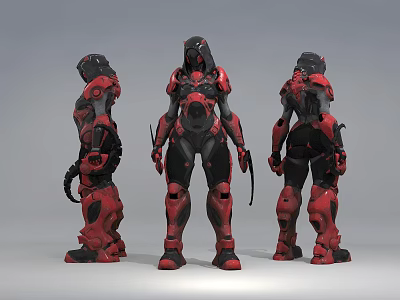 Game And Movie Character With Red Black Armor Three View Combat Suit Design 3d model