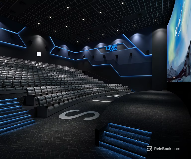 Modern Cinema Interior Design With Comfortable Seats Blue Lighting Stairs And Large Projection Screen 3d model 