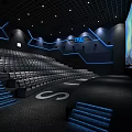 Modern Cinema Interior Design With Comfortable Seats Blue Lighting Stairs And Large Projection Screen