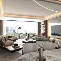 Modern Living Dining Room Interior With Marble Wall Sofa Set Shelving Units And Patterned Rug